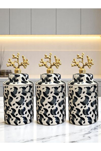ferayhome Spice Jar Cylinder Ceramic Large Size with Lid Set of 3 Coffee Corner Gray Leopard 750 ml Volume Gold