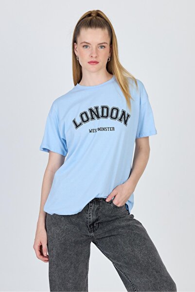 Rays تي شيرت كبير الحجم مطبوع عليه نص أزرق 100% قطن 2150-9M