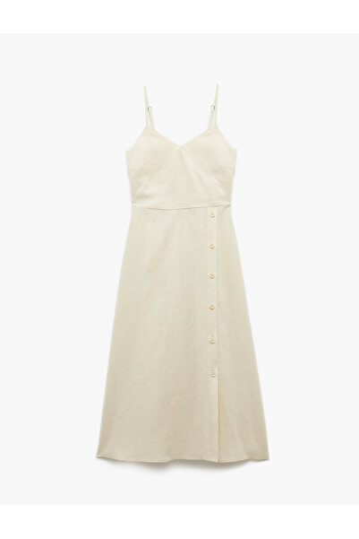 Koton Thin Strap Button Linen and Viscose Blended Midi Dress