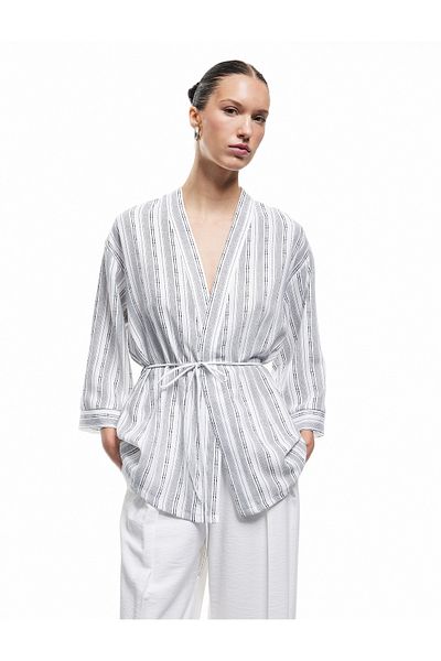 Koton Comfortable Fit Belt Detailed 3/4 Wide Sleeve Long Kimono