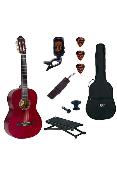 VALENCIA VC203TWR set, 3/4 red classical guitar, case, tuner, footrest, strap, butt button, 3 picks