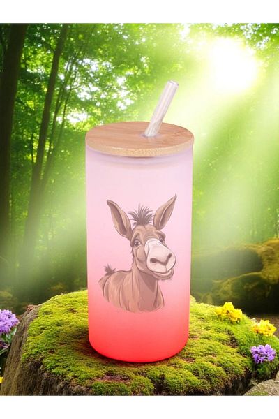 lili hediyelik Donkey Printed Glass Water Bottle with Straw 600 ml