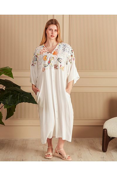 EMY TEKSTİL Women's Plus Size Embroidered Buttoned Viscose Long Dress White