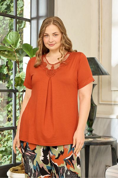 Miss Meryem Tile Top Ring Viscose Bottom Woven Crochet Knit Collar Detailed Short Sleeve Plus Size Pajama Set