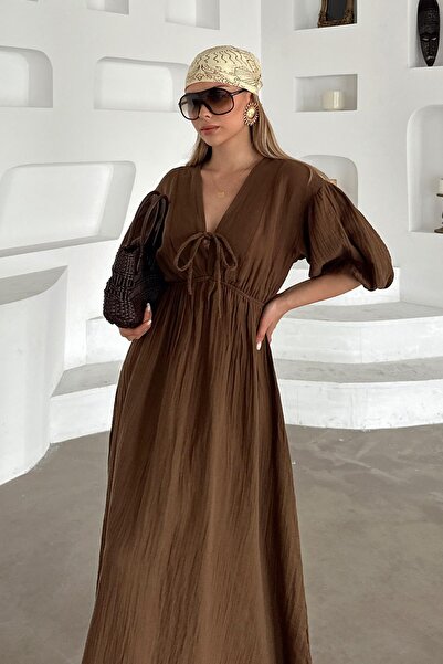 Olcay Elastic Waist Lace Detailed Half Sleeve Muslin Dress Brown 9331-E