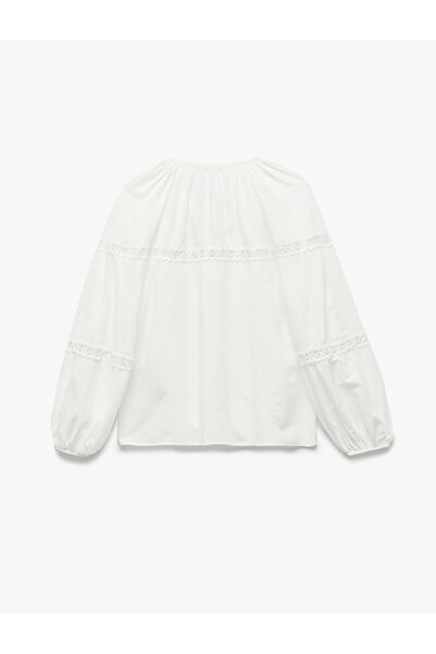 Koton X Melis Ağazat - Long Balloon Sleeve Scalloped Lace Round Tie Collar Blouse