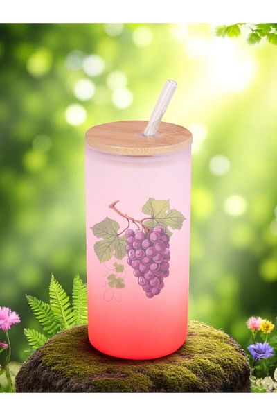 lili hediyelik Grape Printed Glass Water Bottle with Straw 600 ml
