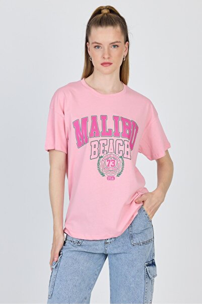 Rays Tricou oversize 100% bumbac imprimat cu text roz 2150-17M