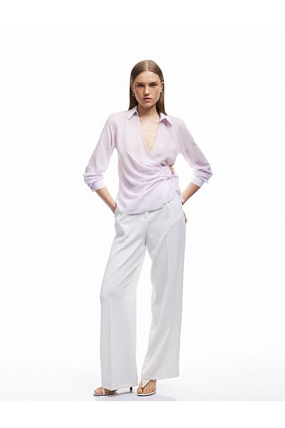 Koton Asymmetrical Cut Long Sleeve Double Breasted Blouse with Metal Accessory Detail