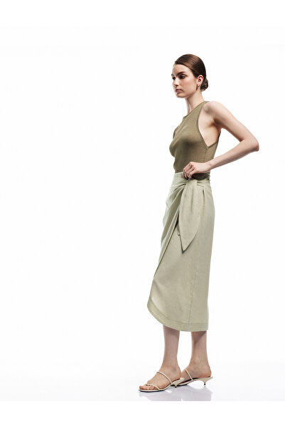 Koton Side Tie Double Breasted Midi Sarong Linen Skirt