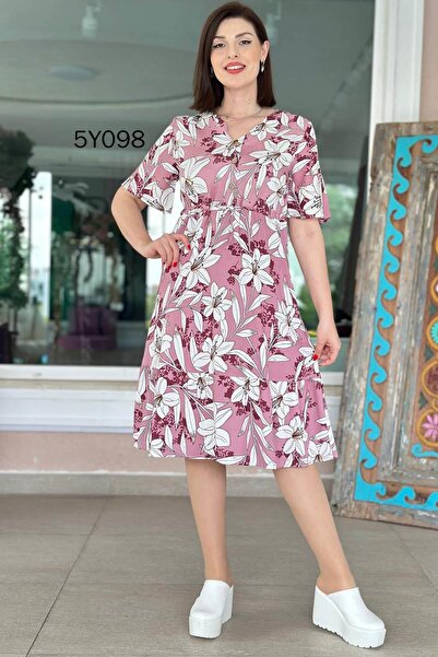 İnce Topuk V-Neck Button Detail Viscose Dress 5Y098