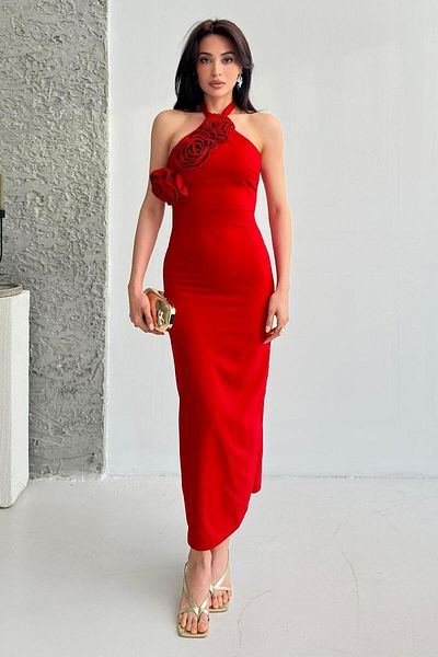 Serica Moda Red Rose Detailed Tie-Up Dress