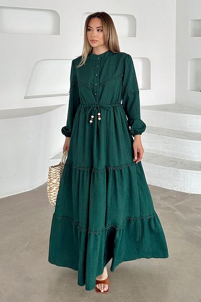 Olcay Rochie cu aspect de in, cu detaliu festonat, cu talie adunata VERDE 9235-E