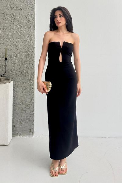Serica Moda Black Strapless Bow Detailed Dress
