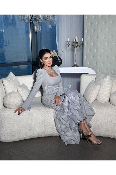 ALANOOD FASHION فستان سهره رصاصي باكمام طويلة بتصميم عصري فخم