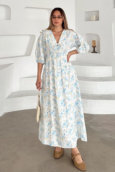 Olcay Rochie de muselină florală cu decolteu în V cu talie adunată ALBASTRU 9357-E