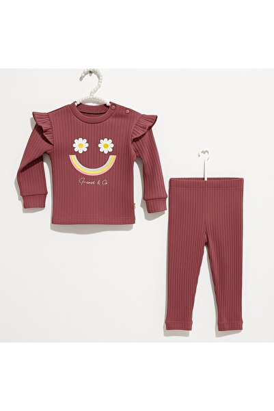Bordo Çizgili Çiçek Desenli Kız Bebek Pijama Takımı-Choose Happy