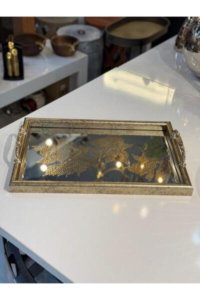 ÇIRPAN EV ALTIN ESKİTME YAPRAK DESEN DİKDÖRTGEN TEPSİ 45X30CM