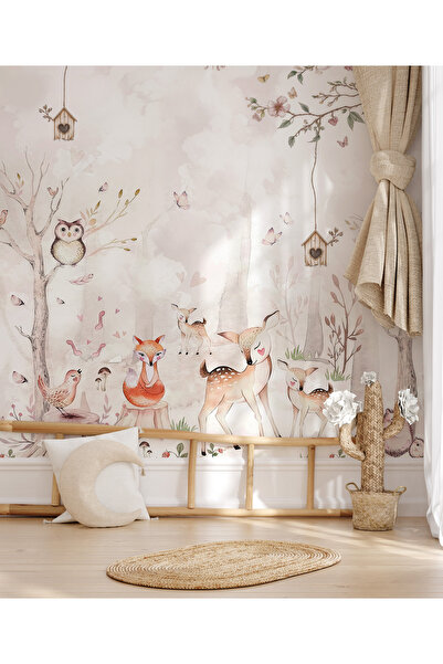 Tasarım Sevimli Ceylanlar Kirpi Tilki Daldaki Baykuş Ağaçlar ve Kuş Yuvası Çocuk Odası Duvar Kağıdı