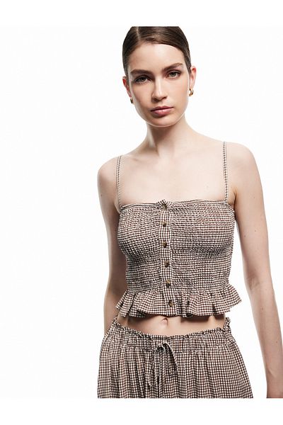 Koton X Melis Ağazat - Viscose Crinkle Fabric Buttoned Thin Strap Gingham Crop Blouse