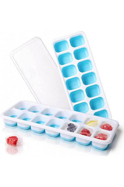 ifancy Set of 2 stackable ice cube trays with lids iFancy, plastic, white/blue, 25 x 10 x 3 cm