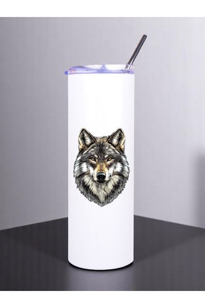 lili hediyelik Wolf Printed Steel Thermos with Straw 600 ml
