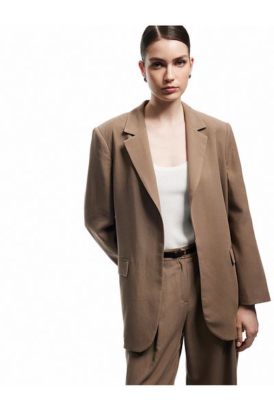 Koton Lined Double Breasted Linen Blend Oversize Blazer Jacket with Pockets