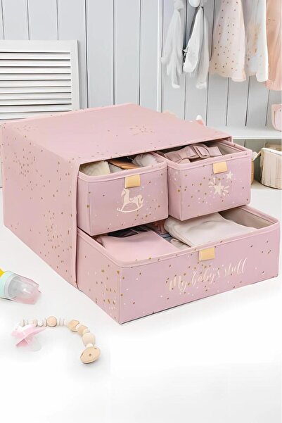 Flora 3 Bölmeli Baby Çekmece, Yenidoğan Bebek Kıyafet Çamaşır Patik Bez Düzenleyici Kutu Pembe