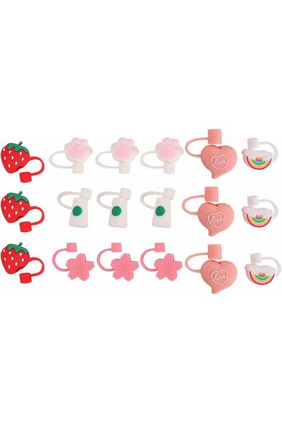 Veumoie Set de 18 capace reutilizabile din pai Veumoie, silicon, multicolore