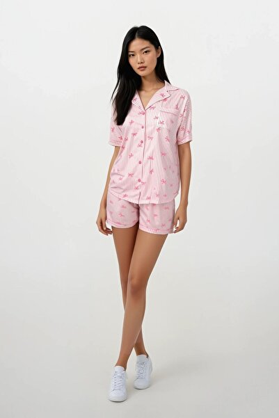 Ecrou Kadın Pudra Fiyonk Desenli Bebe Yaka Üst Şort Pijama Takımı