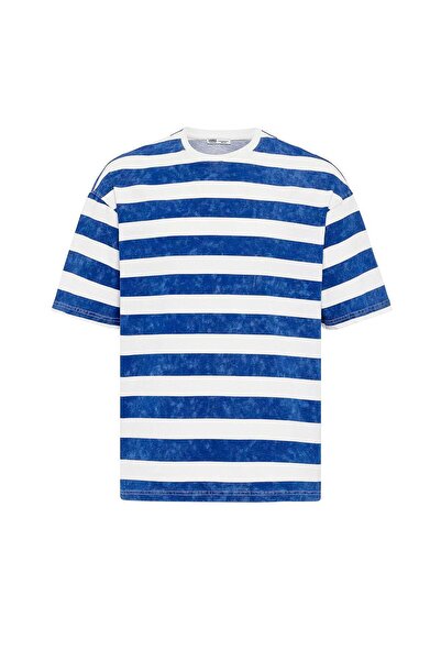 VAMOSCLO Πλενόμενο ριγέ μπλουζάκι oversized μπλε κοβαλτίου - Λευκό