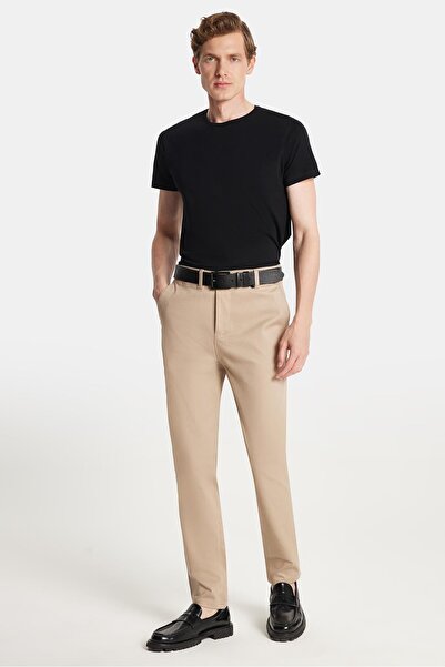 Tudors Erkek Regular Fit Chino Esnek Yandan Cepli Önü Fermuarlı Pamuklu Dokulu Bej Pantolon
