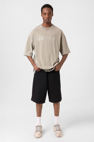 VAMOSCLO Washable Button Detailed Oversize T-Shirt Khaki