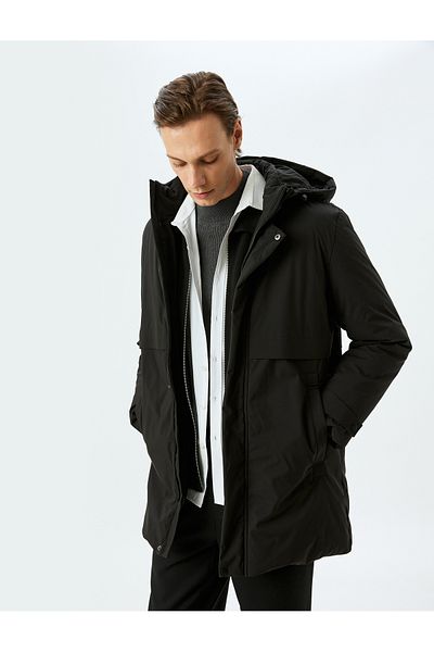 Koton Anorak Coat Hooded Back Printed Pocket Detail Slim Fit Zippered
