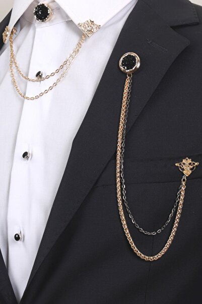 Esgue Siyah Taşlı Gold Yaka Broş Seti – 3’lü Zincirli Erkek Ceket Gömlek Akse...
