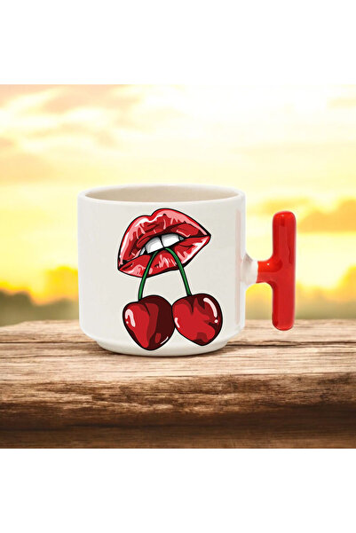 BB TRADE كوب سيراميك مطبوع بتصميم شفاه الكرز ومقبض على شكل حرف T باللون الأحم...