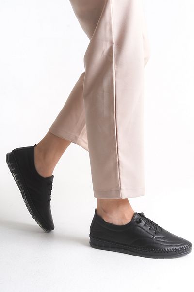 Shu Mhu Genuine Leather Black Women's Daily Rubber Laced Orthopedic Silicone Sole Comfortable Soft Women's Shoes
