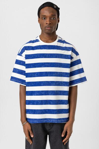 VAMOSCLO Πλενόμενο ριγέ μπλουζάκι oversized μπλε κοβαλτίου - Λευκό