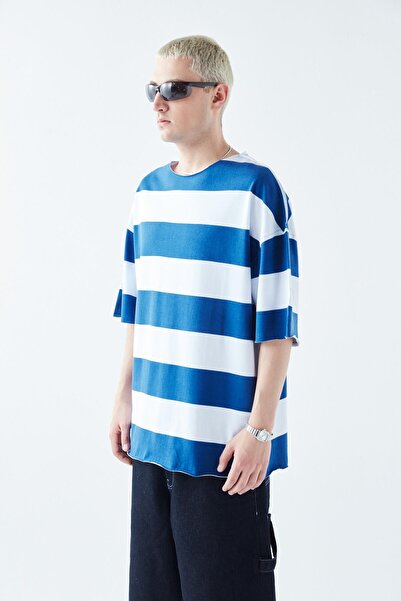 VAMOSCLO Ψηφιακό μπλουζάκι με τύπωμα ρίγες 100% βαμβάκι oversized μπλε κοβαλτίου