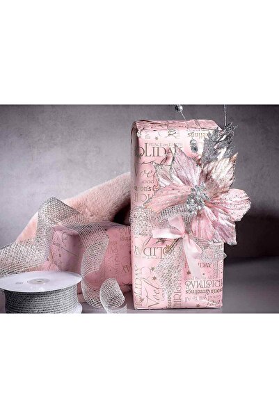 Decorer Floare artificială de Crăciun roz cu sclipici argintiu, 28 cm