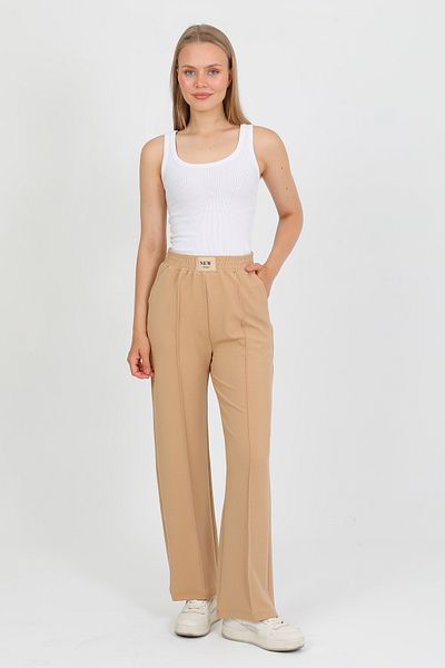 PASTELASTORE Elastic Waist High Waist Wide Leg Palazzo Women's Casual Fabric Trousers 2373