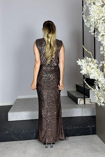 Lensia Stand Collar Sash Detail Slit Sequin Evening Dress