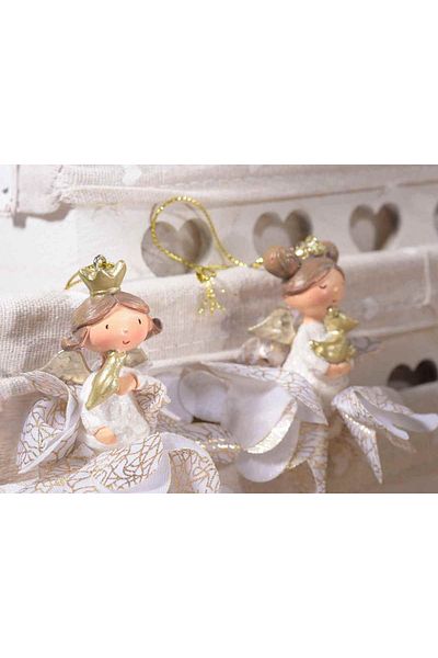 Decorer Set 4 ornaments for Christmas tree made of polyresin and textile in white and gold, Angel design 6x6