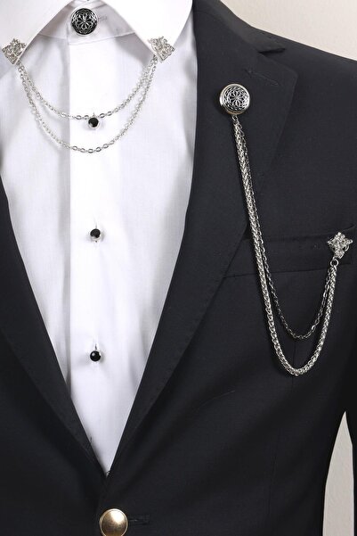 Esgue Gümüş Renk Desenli Yaka Broş Seti – 3 Parça Zincirli Takım Elbise Gömlek Yaka Seti (BRS17)