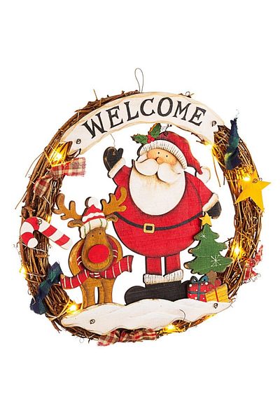 Bizzotto Christmas Wooden Wreath with LED Santa Claus Model 31x5 cm
