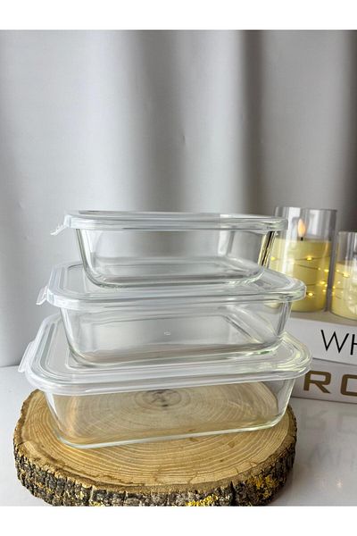 Moon Dizayn Glass Storage Container with Lid Set of 3 1500/1000/650Cc Rectangular