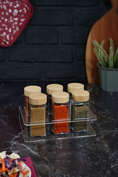 Etka Dizayn Eron 105 Cc Set of 6 Two Row Spice Rack – Bamboo Lid, 3 mm Plexi Stand