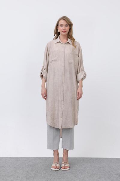 Puane Women's Long Tunic with Front Pocket Detail and Robe Back - 10639Tun - Beige
