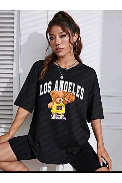 PERISENSE تي شيرت نسائي/بناتي Losangel 23 مطبوع كبير الحجم باللون البيج للجنس...