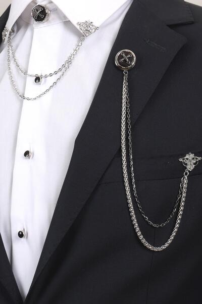 Esgue Gümüş Renk Halat Desenli Yaka Broş Seti – 3 Parça Zincirli Takım Elbise...